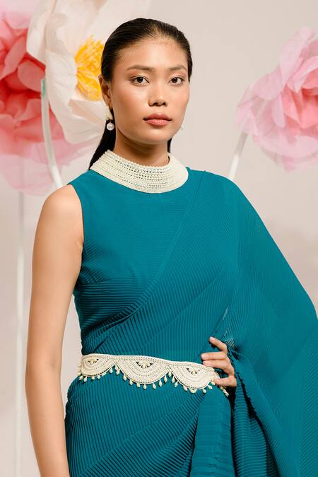 Buy Preeti Mehta Green Georgette, Polyester Beads, Pearls, Accordion Pleated Saree With Blouse Online at Aza Fashions Buy_Preeti Mehta_Green Georgette, Polyester Beads, Pearls, Accordion Pleated Saree With Blouse _Online_at_Aza_Fashions