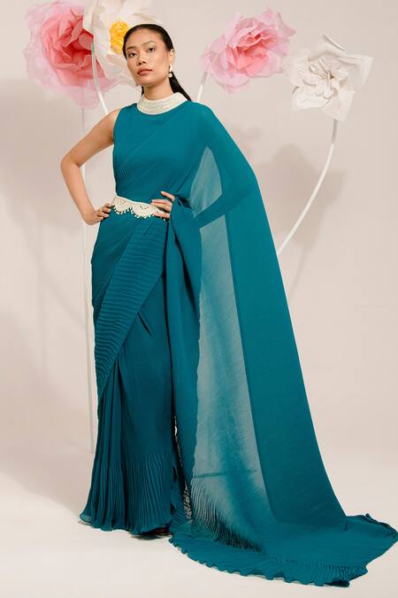 Shop Preeti Mehta Green Georgette, Polyester Beads, Pearls, Accordion Pleated Saree With Blouse Online at Aza Fashions Shop_Preeti Mehta_Green Georgette, Polyester Beads, Pearls, Accordion Pleated Saree With Blouse _Online_at_Aza_Fashions
