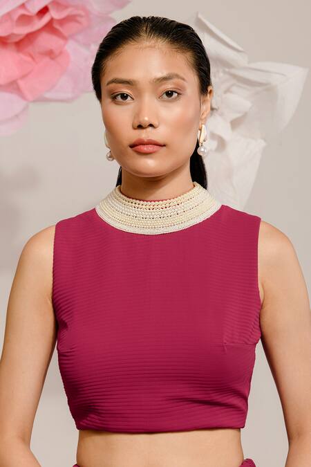 Buy_Preeti Mehta_Red Georgette, Polyester Pearls, Beads, Pleated Textured Saree With Blouse _Online_at_Aza_Fashions