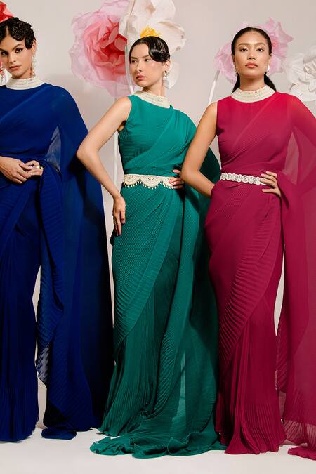 Shop_Preeti Mehta_Red Georgette, Polyester Pearls, Beads, Pleated Textured Saree With Blouse _Online_at_Aza_Fashions