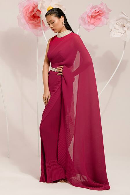 Buy_Preeti Mehta_Red Georgette, Polyester Pearls, Beads, Pleated Textured Saree With Blouse 