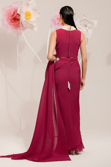 Preeti Mehta_Red Georgette, Polyester Pearls, Beads, Pleated Textured Saree With Blouse _Online_at_Aza_Fashions