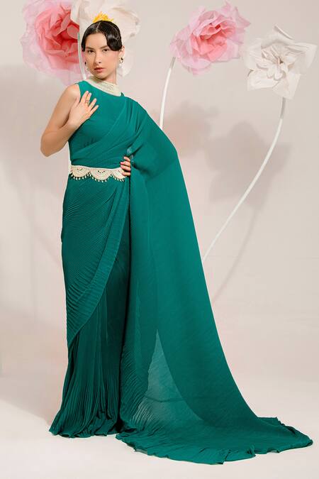 Shop Preeti Mehta Green Georgette, Polyester Pearls, Beads, Embroidery Pleated Saree With Blouse Online at Aza Fashions Shop_Preeti Mehta_Green Georgette, Polyester Pearls, Beads, Embroidery Pleated Saree With Blouse _Online_at_Aza_Fashions