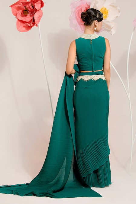 Preeti Mehta Green Georgette, Polyester Pearls, Beads, Embroidery Pleated Saree With Blouse Online at Aza Fashions Preeti Mehta_Green Georgette, Polyester Pearls, Beads, Embroidery Pleated Saree With Blouse _Online_at_Aza_Fashions