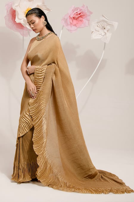 Buy Preeti Mehta Gold Georgette, Polyester Stones Round Neck Pleated Saree With Blouse Online at Aza Fashions Buy_Preeti Mehta_Gold Georgette, Polyester Stones Round Neck Pleated Saree With Blouse _Online_at_Aza_Fashions