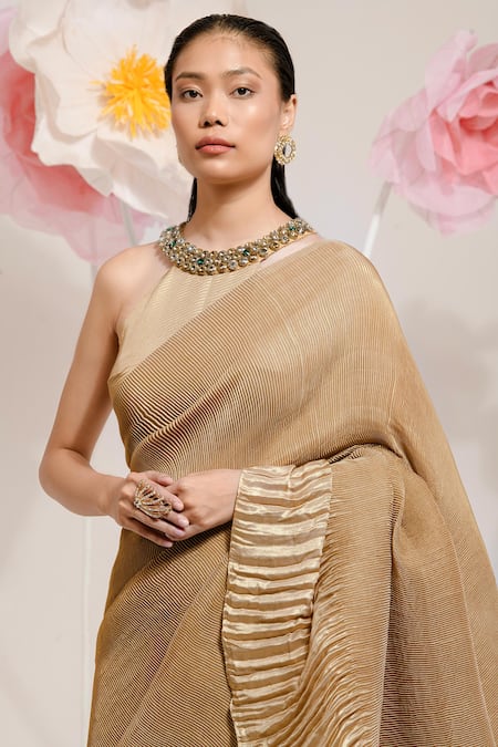 Shop Preeti Mehta Gold Georgette, Polyester Stones Round Neck Pleated Saree With Blouse Online at Aza Fashions Shop_Preeti Mehta_Gold Georgette, Polyester Stones Round Neck Pleated Saree With Blouse _Online_at_Aza_Fashions