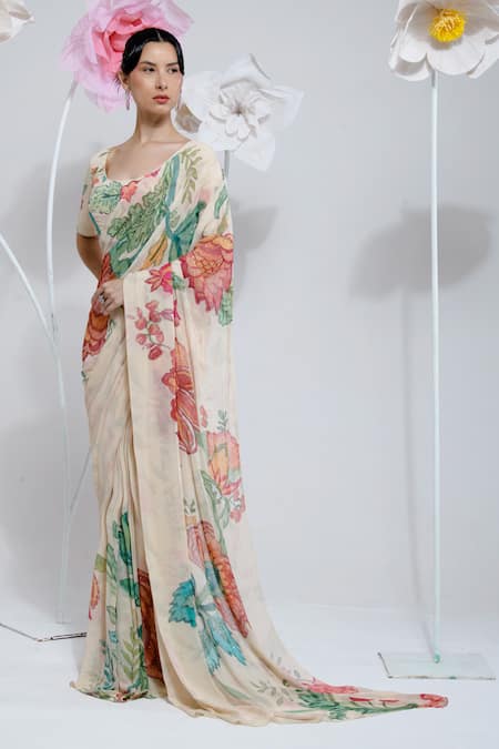 Buy_Preeti Mehta_Cream Viscose Stones, Embroidery Scoop Neck Floral Print Saree With Blouse _Online_at_Aza_Fashions