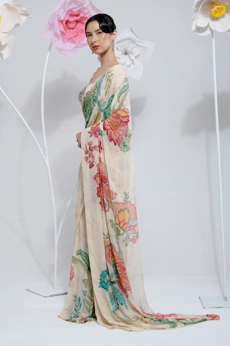 Shop_Preeti Mehta_Cream Viscose Stones, Embroidery Scoop Neck Floral Print Saree With Blouse _Online_at_Aza_Fashions