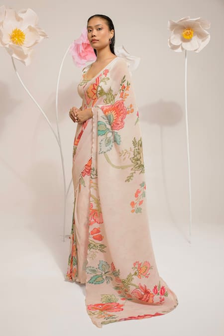 Buy_Preeti Mehta_Ivory Viscose Embroidery, Stones, Beads Pleated Floral Print Saree With Blouse _Online_at_Aza_Fashions