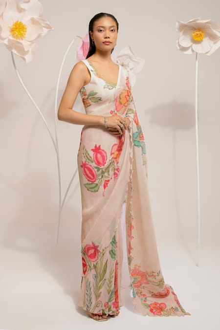 Shop_Preeti Mehta_Ivory Viscose Embroidery, Stones, Beads Pleated Floral Print Saree With Blouse _Online_at_Aza_Fashions