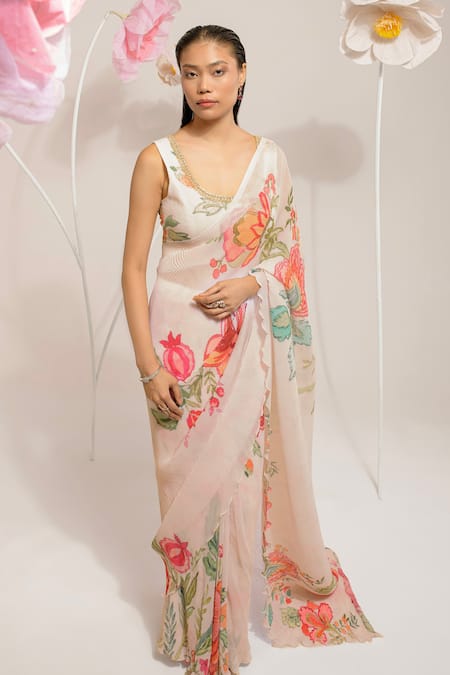 Preeti Mehta_Ivory Viscose Embroidery, Stones, Beads Pleated Floral Print Saree With Blouse _at_Aza_Fashions