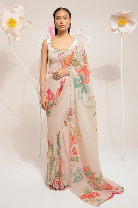 PREETI MEHTA Ivory 100% Viscose Embroidered Stones Pleated Floral Print Saree With Blouse 