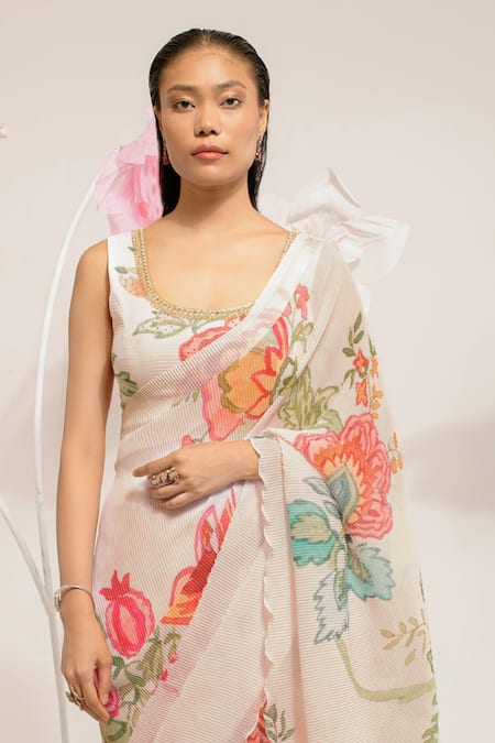 Shop_Preeti Mehta_Ivory Viscose Embroidery, Stones, Beads Pleated Floral Print Saree With Blouse 