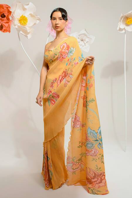 Buy_Preeti Mehta_Yellow Viscose Embroidery, Stones Scoop Neck Floral Print Saree With An Blouse _Online_at_Aza_Fashions