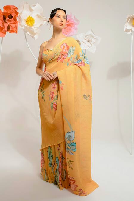 Shop_Preeti Mehta_Yellow Viscose Embroidery, Stones Scoop Neck Floral Print Saree With An Blouse _Online_at_Aza_Fashions