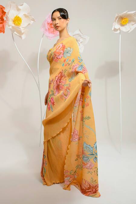 Preeti Mehta_Yellow Viscose Embroidery, Stones Scoop Neck Floral Print Saree With An Blouse _at_Aza_Fashions