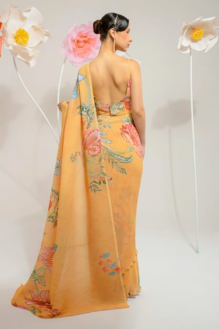 Preeti Mehta_Yellow Viscose Embroidery, Stones Scoop Neck Floral Print Saree With An Blouse _Online_at_Aza_Fashions