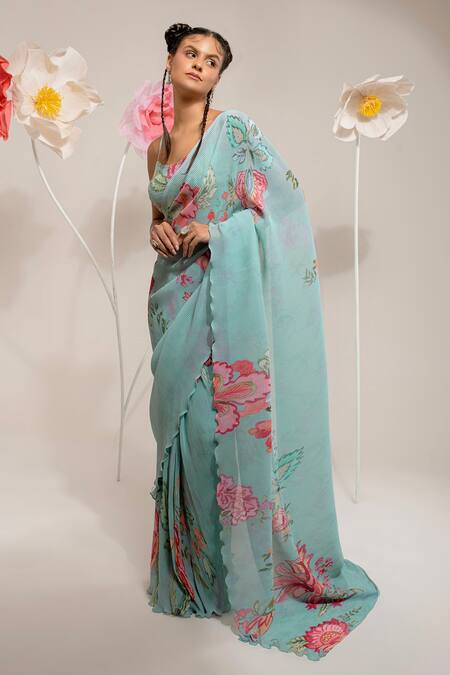 Buy Preeti Mehta Green Viscose Embroidery, Stones, Beads Scoop Neck Flora Print Saree With Blouse Online at Aza Fashions Buy_Preeti Mehta_Green Viscose Embroidery, Stones, Beads Scoop Neck Flora Print Saree With Blouse _Online_at_Aza_Fashions