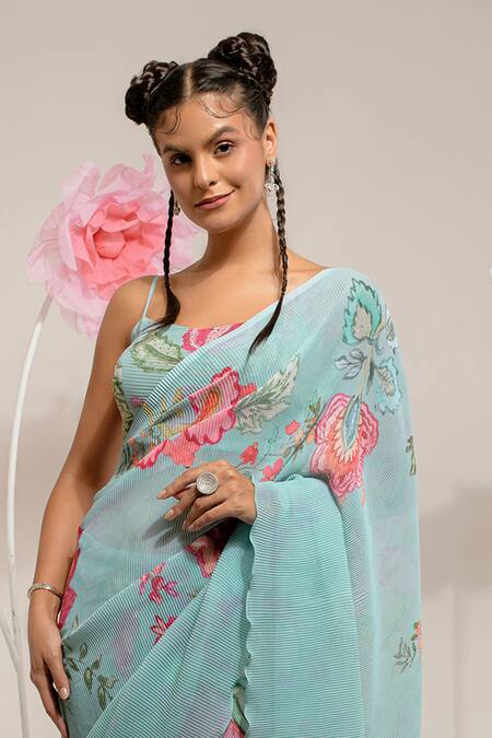 Shop Preeti Mehta Green Viscose Embroidery, Stones, Beads Scoop Neck Flora Print Saree With Blouse Online at Aza Fashions Shop_Preeti Mehta_Green Viscose Embroidery, Stones, Beads Scoop Neck Flora Print Saree With Blouse _Online_at_Aza_Fashions