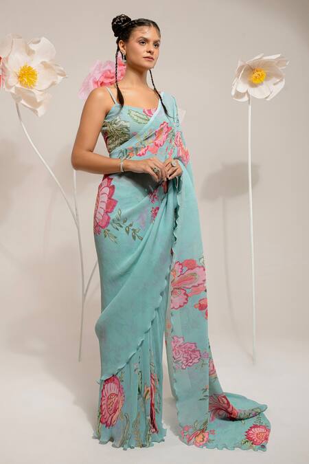 Buy Preeti Mehta Green Viscose Embroidery, Stones, Beads Scoop Neck Flora Print Saree With Blouse Buy_Preeti Mehta_Green Viscose Embroidery, Stones, Beads Scoop Neck Flora Print Saree With Blouse