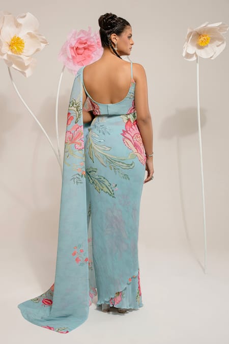Preeti Mehta Green Viscose Embroidery, Stones, Beads Scoop Neck Flora Print Saree With Blouse Online at Aza Fashions Preeti Mehta_Green Viscose Embroidery, Stones, Beads Scoop Neck Flora Print Saree With Blouse _Online_at_Aza_Fashions