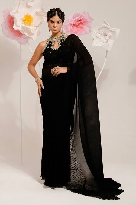 Preeti Mehta Black Georgette, Polyester Sequins, Beads, Pleated Saree With Floral Blouse Online at Aza Fashions Preeti Mehta_Black Georgette, Polyester Sequins, Beads, Pleated Saree With Floral Blouse _Online_at_Aza_Fashions