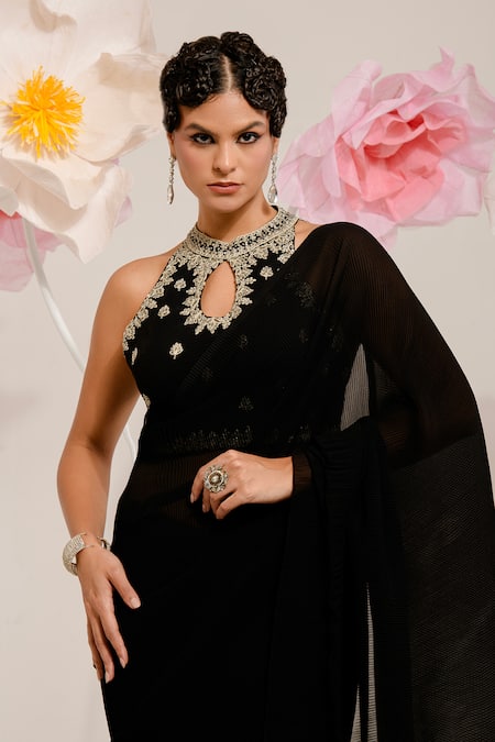 Buy Preeti Mehta Black Georgette, Polyester Sequins, Beads, Pleated Saree With Floral Blouse Online at Aza Fashions Buy_Preeti Mehta_Black Georgette, Polyester Sequins, Beads, Pleated Saree With Floral Blouse _Online_at_Aza_Fashions