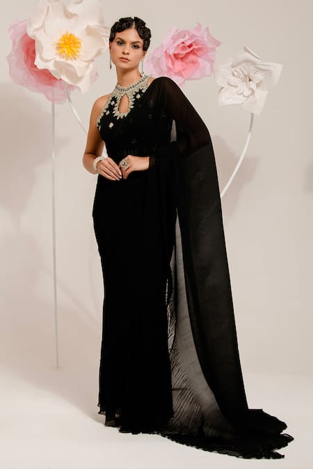 Shop Preeti Mehta Black Georgette, Polyester Sequins, Beads, Pleated Saree With Floral Blouse Online at Aza Fashions Shop_Preeti Mehta_Black Georgette, Polyester Sequins, Beads, Pleated Saree With Floral Blouse _Online_at_Aza_Fashions