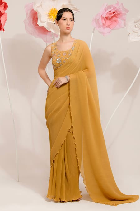 Buy Preeti Mehta Yellow Georgette, Viscose, Polyester Sequins, Pleated Saree With Flora Blouse Online at Aza Fashions Buy_Preeti Mehta_Yellow Georgette, Viscose, Polyester Sequins, Pleated Saree With Flora Blouse _Online_at_Aza_Fashions