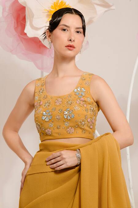 Preeti Mehta Yellow Georgette, Viscose, Polyester Sequins, Pleated Saree With Flora Blouse at Aza Fashions Preeti Mehta_Yellow Georgette, Viscose, Polyester Sequins, Pleated Saree With Flora Blouse _at_Aza_Fashions