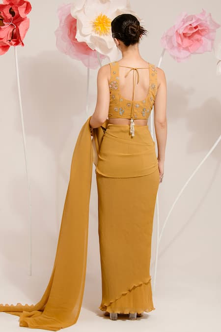 Preeti Mehta Yellow Georgette, Viscose, Polyester Sequins, Pleated Saree With Flora Blouse Online at Aza Fashions Preeti Mehta_Yellow Georgette, Viscose, Polyester Sequins, Pleated Saree With Flora Blouse _Online_at_Aza_Fashions