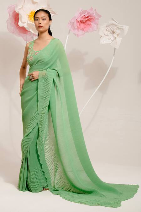 Buy Preeti Mehta Green Georgette, Polyester Sequins, Beads, Pleated Saree With Flower Blouse Online at Aza Fashions Buy_Preeti Mehta_Green Georgette, Polyester Sequins, Beads, Pleated Saree With Flower Blouse _Online_at_Aza_Fashions