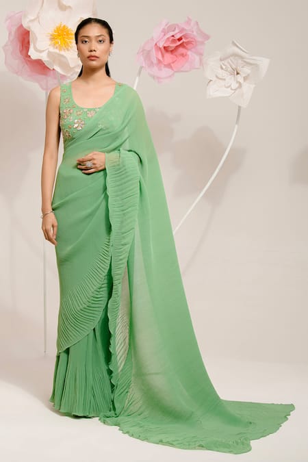 PREETI MEHTA Green Georgette Viscose 60% Embroidered Sequin Pleated Saree With Flower Blouse 