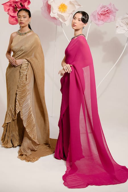 Buy Preeti Mehta Pink Georgette, Polyester Stones Round Neck Plain Pleated Saree With Blouse Online at Aza Fashions Buy_Preeti Mehta_Pink Georgette, Polyester Stones Round Neck Plain Pleated Saree With Blouse _Online_at_Aza_Fashions
