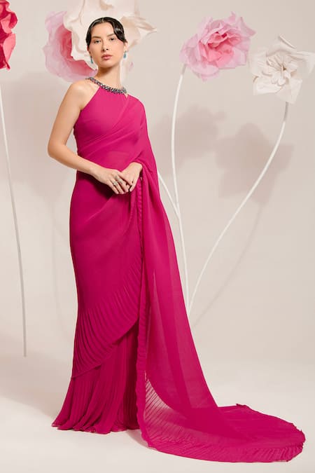 Shop Preeti Mehta Pink Georgette, Polyester Stones Round Neck Plain Pleated Saree With Blouse Online at Aza Fashions Shop_Preeti Mehta_Pink Georgette, Polyester Stones Round Neck Plain Pleated Saree With Blouse _Online_at_Aza_Fashions