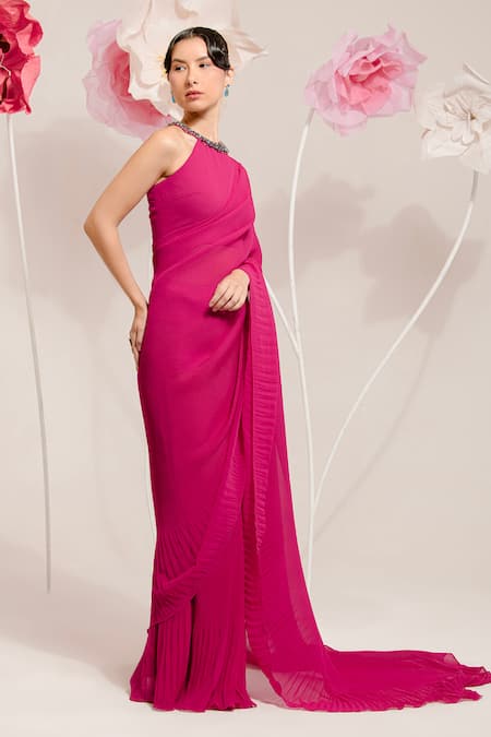Buy Preeti Mehta Pink Georgette, Polyester Stones Round Neck Plain Pleated Saree With Blouse Buy_Preeti Mehta_Pink Georgette, Polyester Stones Round Neck Plain Pleated Saree With Blouse