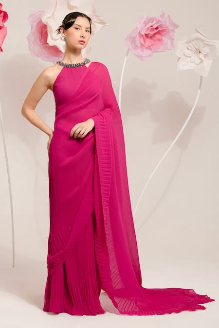 PREETI MEHTA Pink Georgette Viscose 60% Embroidered Stones Plain Pleated Saree With Blouse 