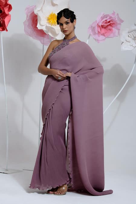 Buy Preeti Mehta Purple Georgette, Polyester Sequins, Beads, Pleated Saree With Blouse Online at Aza Fashions Buy_Preeti Mehta_Purple Georgette, Polyester Sequins, Beads, Pleated Saree With Blouse _Online_at_Aza_Fashions