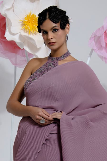 Shop Preeti Mehta Purple Georgette, Polyester Sequins, Beads, Pleated Saree With Blouse Online at Aza Fashions Shop_Preeti Mehta_Purple Georgette, Polyester Sequins, Beads, Pleated Saree With Blouse _Online_at_Aza_Fashions