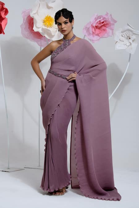 Preeti Mehta Purple Georgette, Polyester Sequins, Beads, Pleated Saree With Blouse at Aza Fashions Preeti Mehta_Purple Georgette, Polyester Sequins, Beads, Pleated Saree With Blouse _at_Aza_Fashions