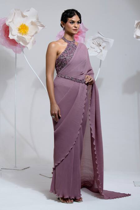 Buy Preeti Mehta Purple Georgette, Polyester Sequins, Beads, Pleated Saree With Blouse Buy_Preeti Mehta_Purple Georgette, Polyester Sequins, Beads, Pleated Saree With Blouse