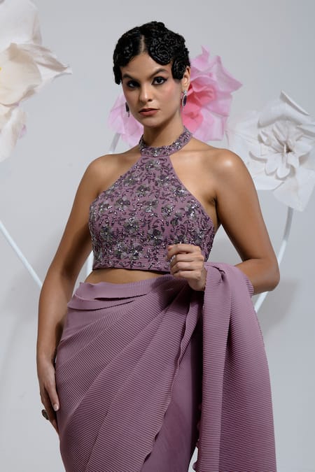 Shop Preeti Mehta Purple Georgette, Polyester Sequins, Beads, Pleated Saree With Blouse Shop_Preeti Mehta_Purple Georgette, Polyester Sequins, Beads, Pleated Saree With Blouse