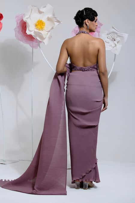 Preeti Mehta Purple Georgette, Polyester Sequins, Beads, Pleated Saree With Blouse Online at Aza Fashions Preeti Mehta_Purple Georgette, Polyester Sequins, Beads, Pleated Saree With Blouse _Online_at_Aza_Fashions