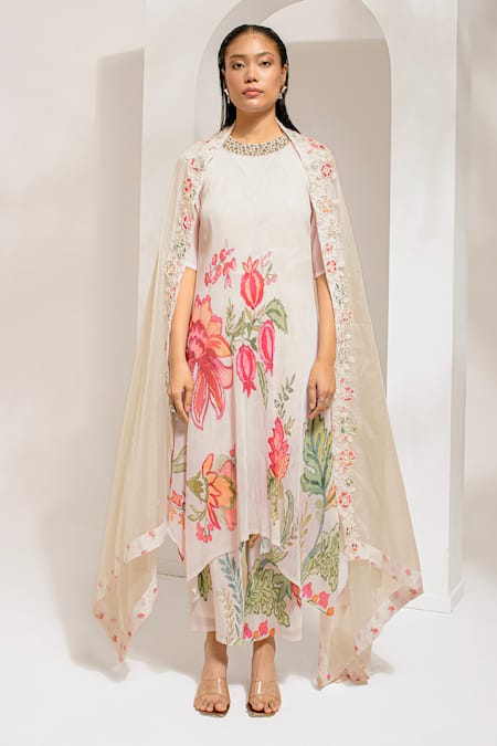 Buy_Preeti Mehta_Ivory Georgette, Polyester Embroidery, Beads Round Floral Print Kurta Pant Set _Online_at_Aza_Fashions