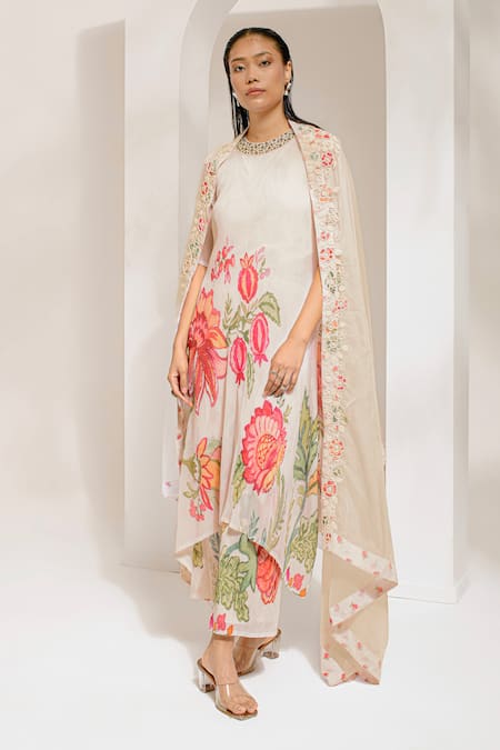 Shop_Preeti Mehta_Ivory Georgette, Polyester Embroidery, Beads Round Floral Print Kurta Pant Set _Online_at_Aza_Fashions