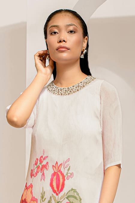 Shop_Preeti Mehta_Ivory Georgette, Polyester Embroidery, Beads Round Floral Print Kurta Pant Set 