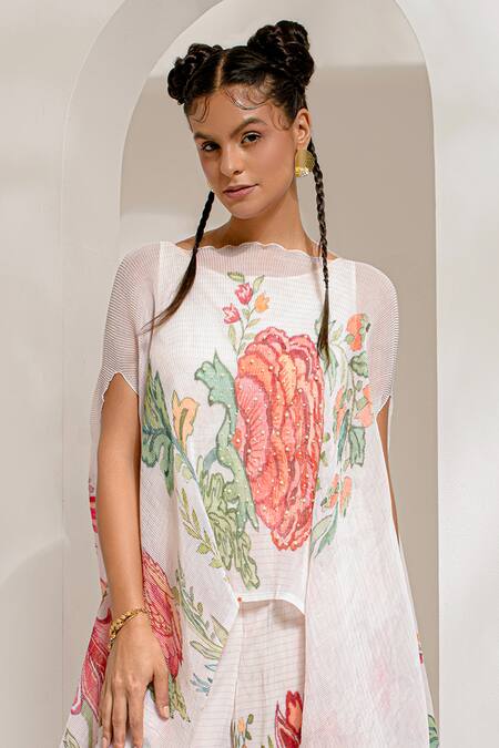 Buy_Preeti Mehta_Ivory Lurex, Polyester Round Neck Floral Print Kaftan With Pant _Online_at_Aza_Fashions