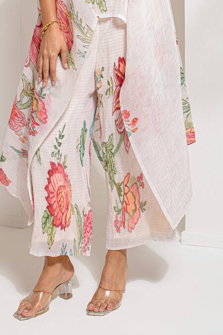 Shop_Preeti Mehta_Ivory Lurex, Polyester Round Neck Floral Print Kaftan With Pant _Online_at_Aza_Fashions