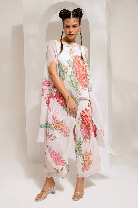 Buy_Preeti Mehta_Ivory Lurex, Polyester Round Neck Floral Print Kaftan With Pant 