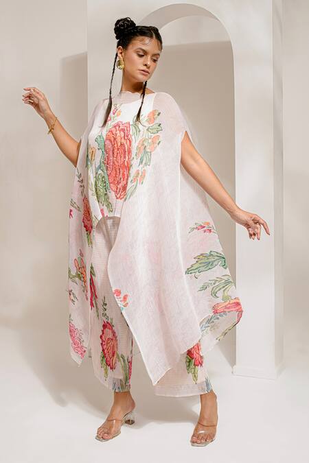 Shop_Preeti Mehta_Ivory Lurex, Polyester Round Neck Floral Print Kaftan With Pant 